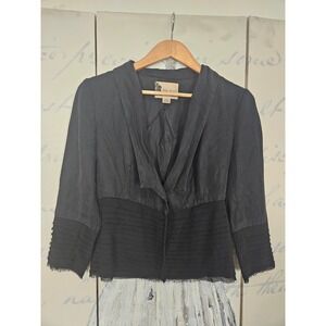 Fleur Wood Womens Black Cropped Mixed Media Blazer Tencel Fringe Detail Size 6